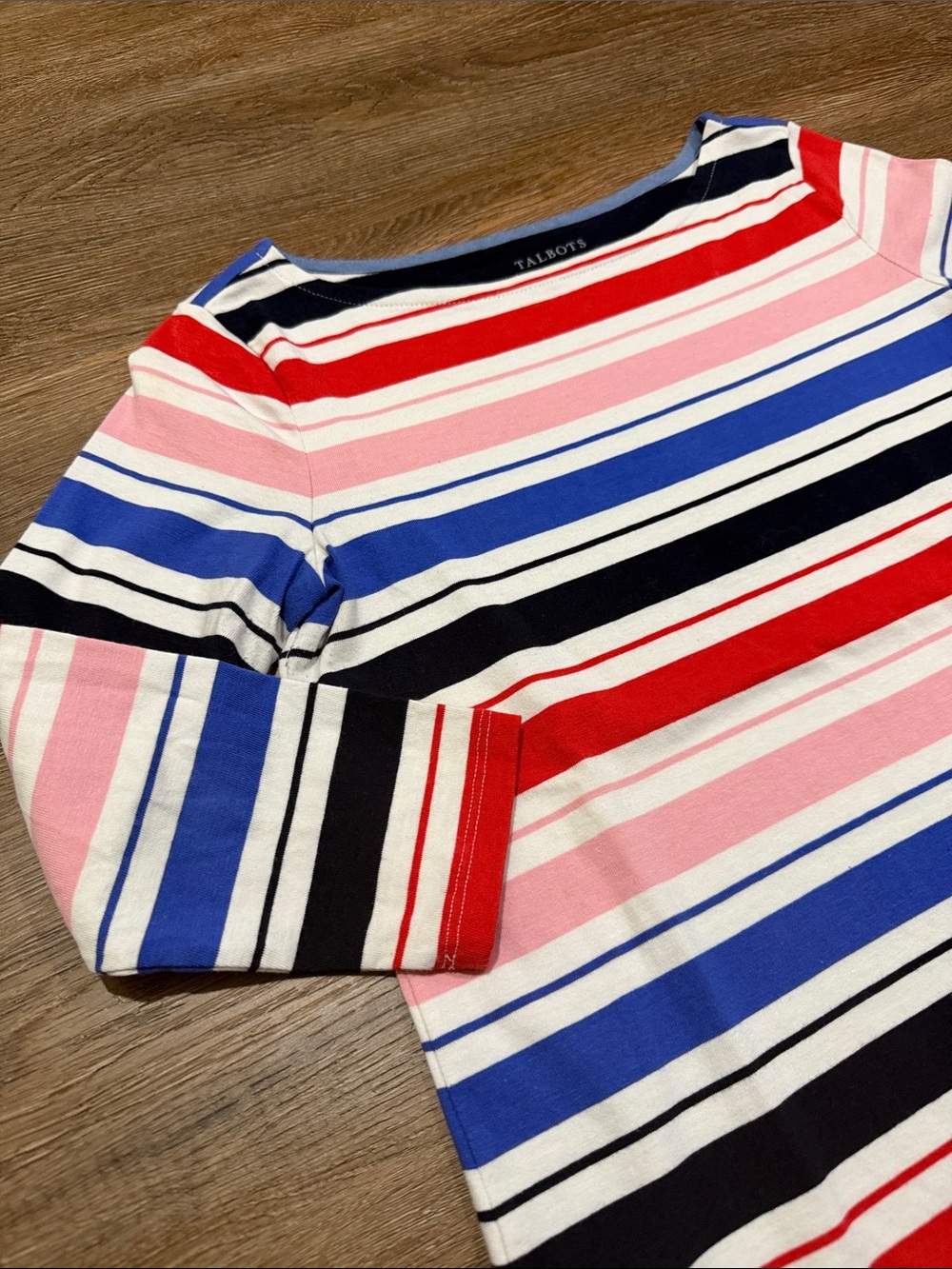 Talbots Authentic 3/4 Sleeve Striped Boatneck Top in Red, Pink & Blue - Picture 4 of 6